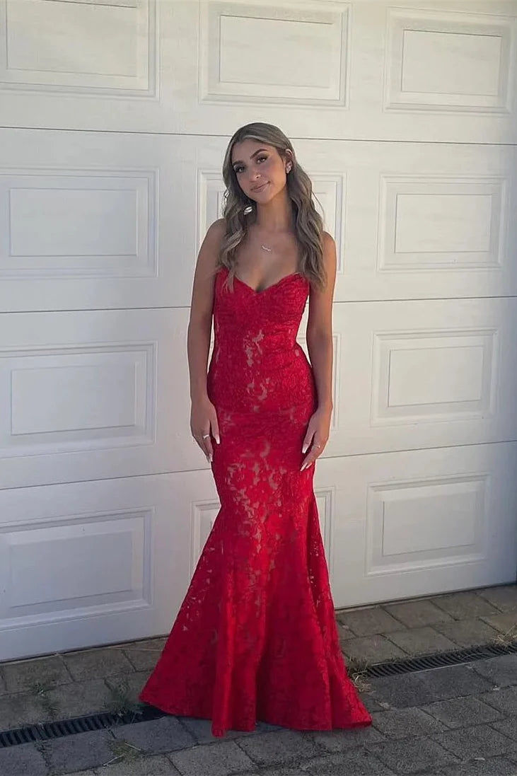 Weitese Dress Strapless Red Lace Appliques Mermaid Corset Bodice Long Dress Zip-Up Back Prom Dress